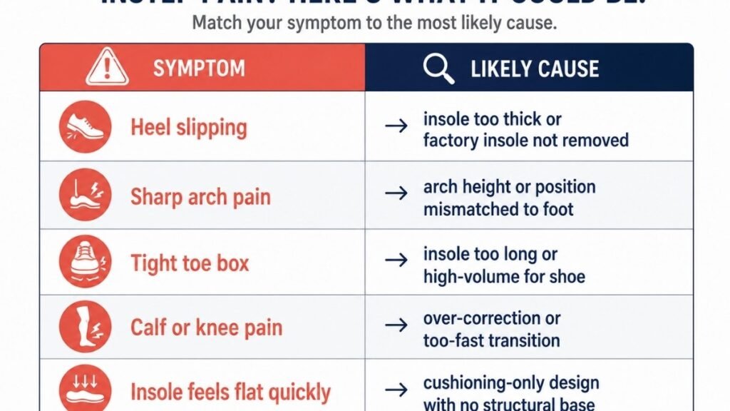 Troubleshooting guide matching insole-related pain symptoms to likely causes, including heel slipping from insole too thick, sharp arch pain from height mismatch, tight toe box from volume too high, and calf pain from over-correction