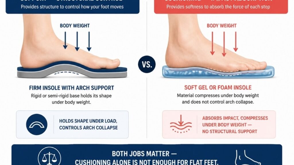 Infographic distinguishing between insole support which controls foot motion structurally versus cushioning which absorbs impact, showing how gel insoles provide cushioning but not structural arch support