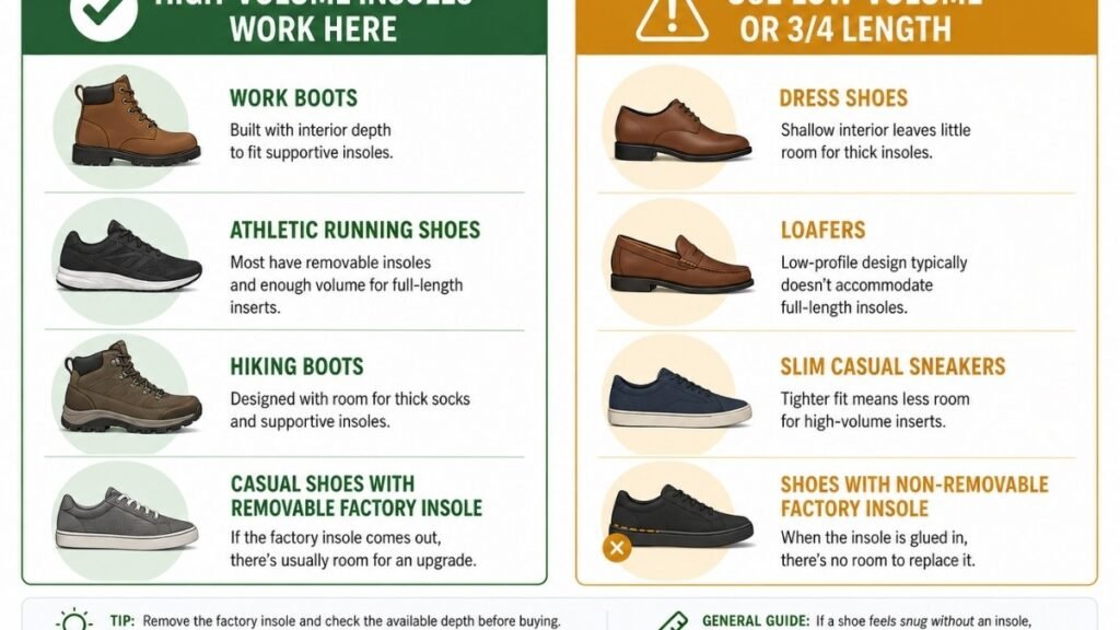 Shoe compatibility guide showing which shoe types can accommodate high-volume insoles versus which require low-volume or three-quarter length insoles, based on available interior space