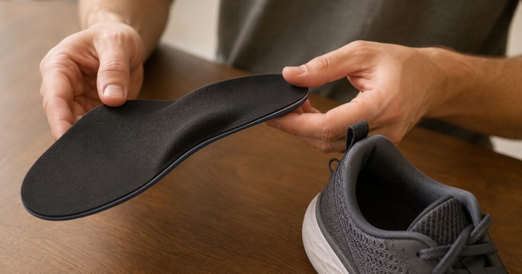 A person holding an arch support insole next to a running shoe, comparing the insole's arch height to the shoe's interior, representing the process of choosing the right insole for flat feet