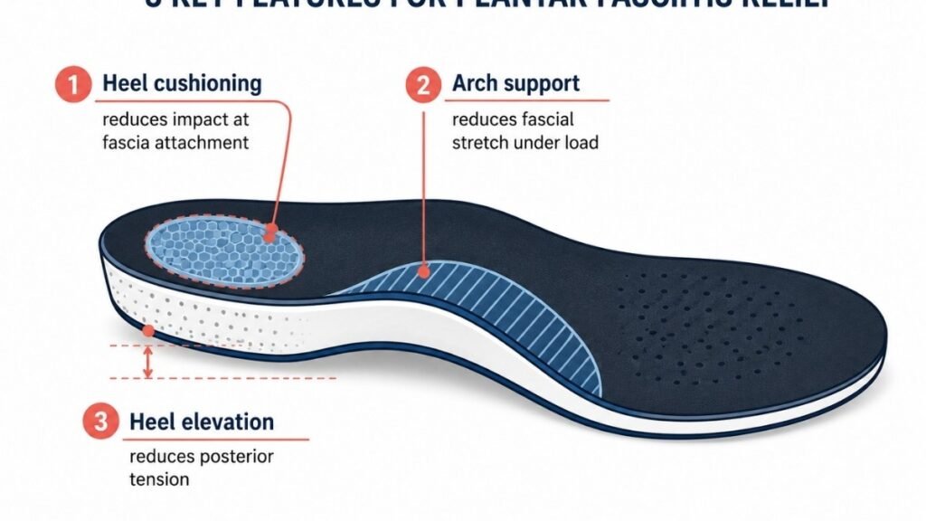 Infographic showing three key insole features for plantar fasciitis relief: heel cushioning at the attachment zone, arch support that reduces fascial tension, and appropriate heel elevation rather than flat profile
