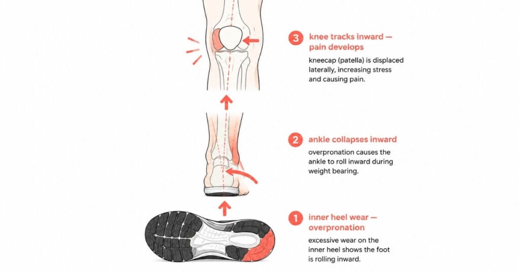 Diagram showing the connection between overpronation shoe wear pattern and knee pain, illustrating how inner heel wear leads to ankle inward roll, internal tibial rotation, and lateral kneecap displacement