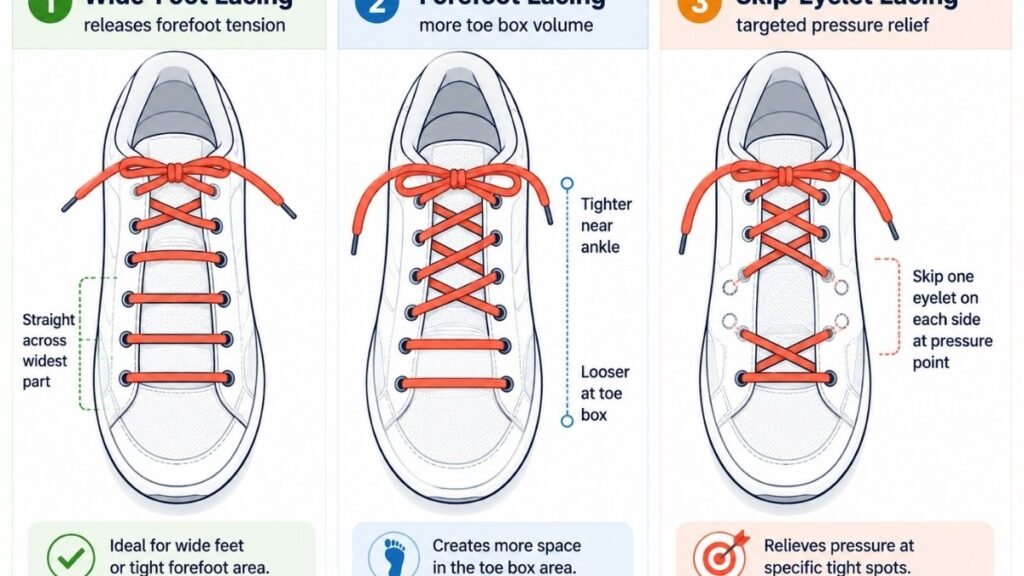 Three lacing technique diagrams for running shoes showing wide-foot lacing that skips eyelets across the forefoot, forefoot lacing that starts loose at the toe, and skip-eyelet lacing that releases pressure at a single tight point