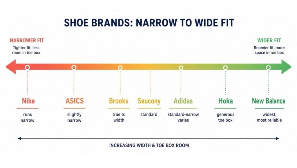 Brand width tendency comparison chart showing which shoe brands run narrow, standard, or wide, with Nike running narrowest and New Balance running widest among major brands