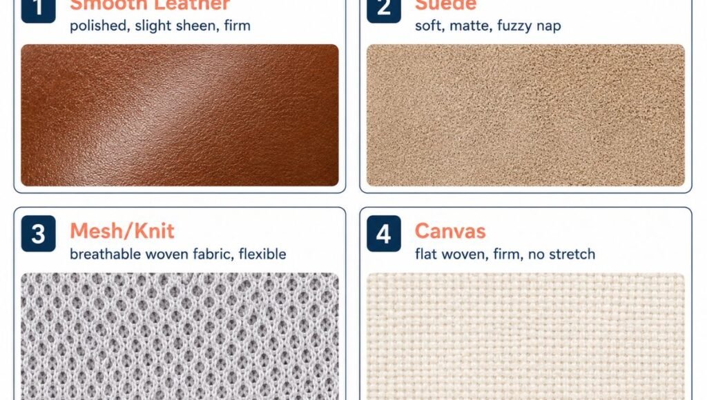 Four-panel material identification guide showing the visual and texture differences between smooth leather, suede, mesh fabric, and canvas shoe uppers, helping readers identify their shoe material before cleaning