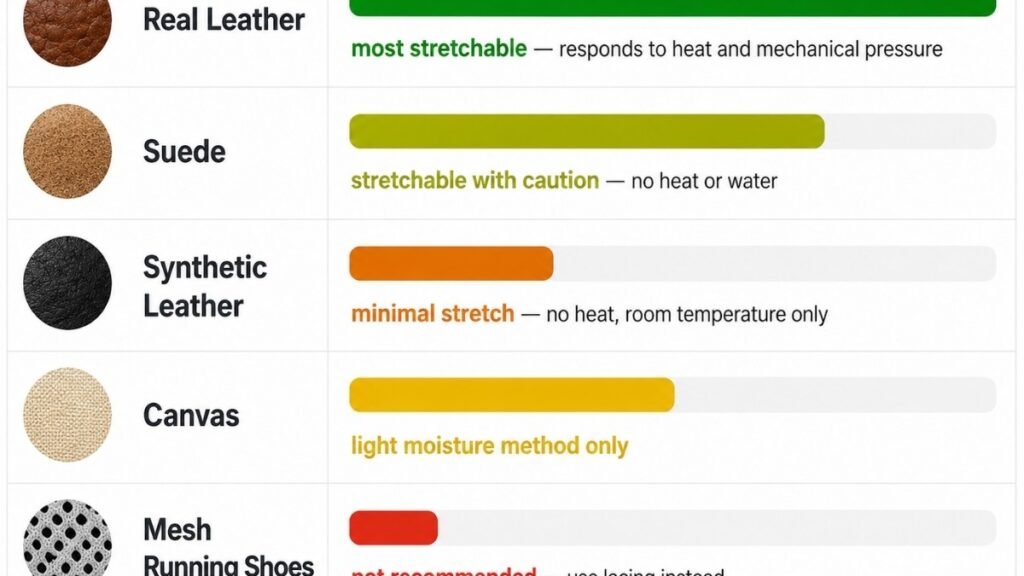 Material stretchability guide showing real leather as most stretchable, suede as moderately stretchable with caution, synthetic leather as minimally stretchable, canvas as slightly stretchable, and mesh running shoe uppers as not recommended for stretching