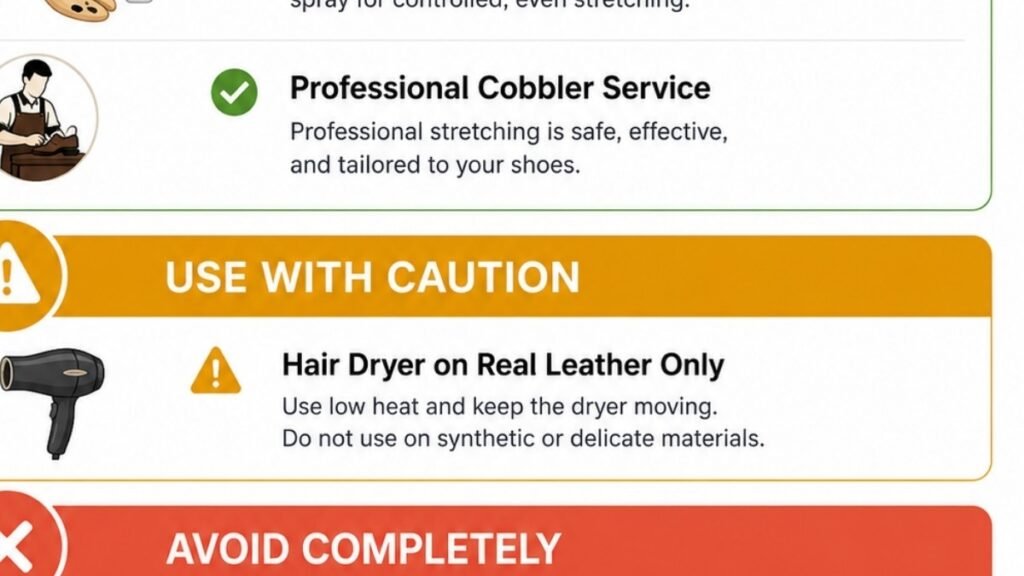 Safety ranking of shoe stretching methods showing thick socks and shoe stretcher as safe and recommended, hair dryer method as use with caution, and freezer trick wet newspaper and potato as avoid completely