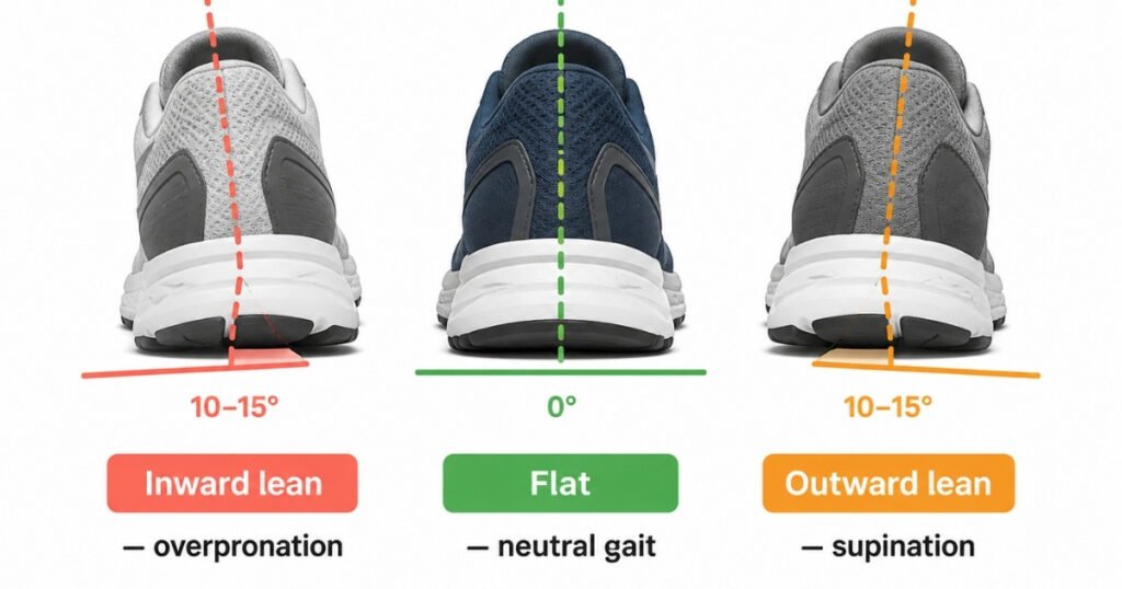 Rear-view diagram of the table tilt test showing three shoes from behind: one leaning inward indicating overpronation, one sitting flat indicating neutral gait, and one leaning outward indicating supination