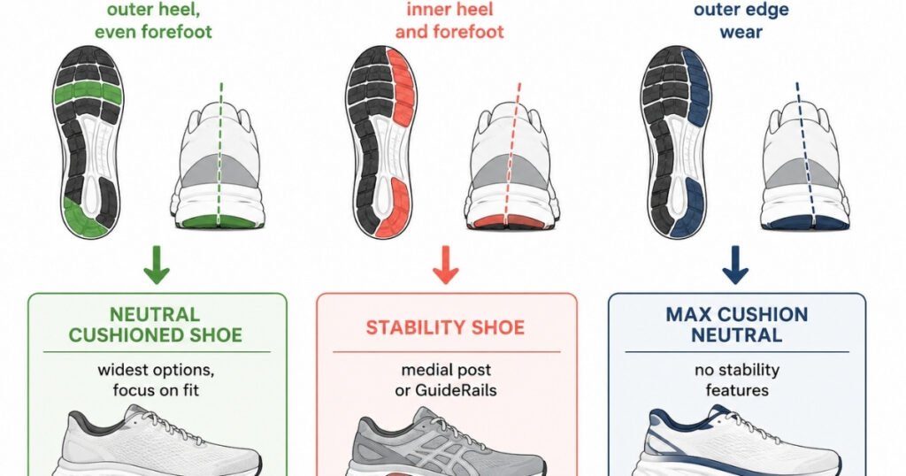 Quick reference matching guide showing which shoe type to choose based on wear pattern: neutral wear needs neutral cushioned shoes, overpronation needs stability shoes, and supination needs maximum cushion neutral shoes
