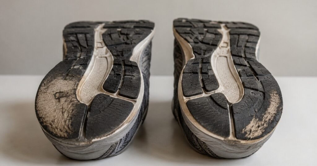 Bottom view of two worn running shoes placed side by side showing visible outsole wear patterns, representing the shoe wear pattern analysis method for identifying gait mechanics and foot type