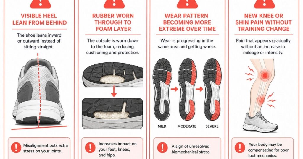 Visual guide showing four warning signs that indicate shoes need replacing based on wear pattern: visible heel lean from behind, outsole worn through to midsole foam, increasingly extreme wear pattern, and new pain without training change