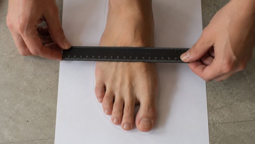 A person measuring the width of their foot on a piece of paper with a ruler, demonstrating the correct method for measuring foot width to find the right shoe width designation