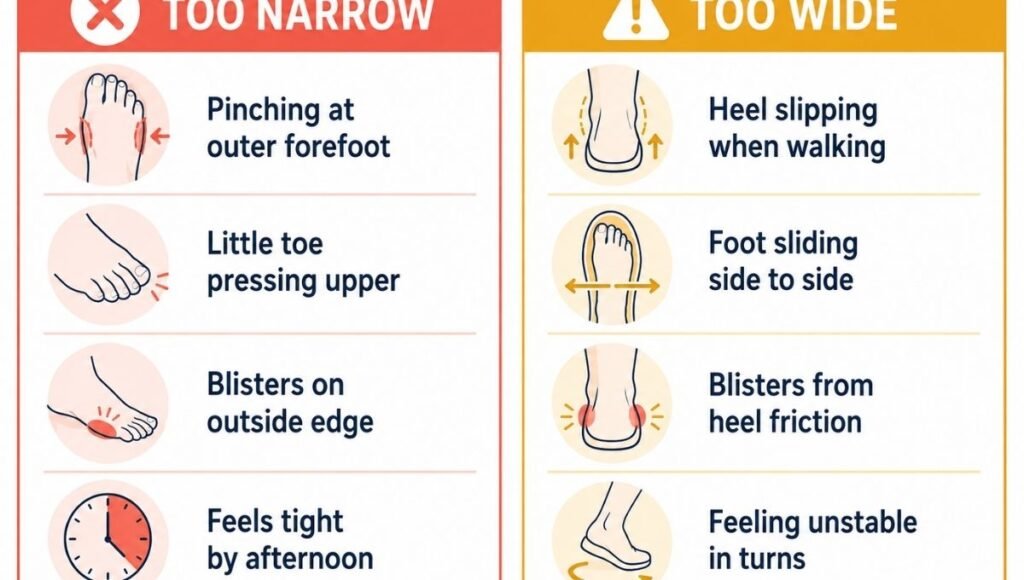 Two-column warning signs infographic showing symptoms of shoes that are too narrow including pinching and blisters on outer edge, versus shoes that are too wide including heel slipping and lateral instability