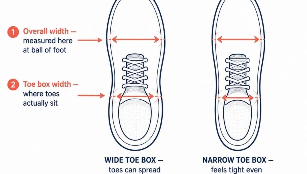Diagram distinguishing between overall shoe width measured at the ball of the foot versus toe box width where toes sit, showing how a shoe can pass the width measurement but still feel narrow in the toe area