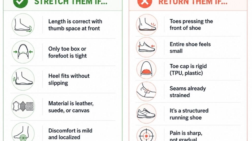 Decision checklist showing when to stretch shoes versus when to return them, with stretch recommended for correct length but tight toe box and return recommended for toes pressing the front or the whole shoe feeling small