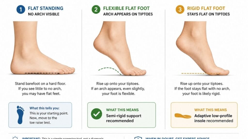 Toe raise test comparison showing flexible flat foot where arch appears when standing on tiptoes versus rigid flat foot where sole remains completely flat regardless of toe position