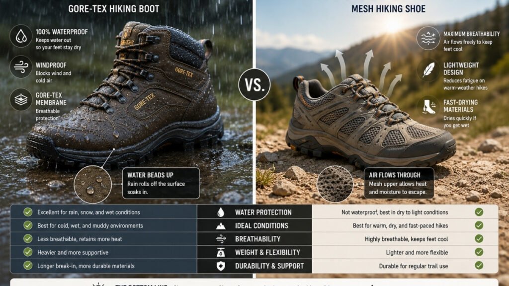 Waterproof Gore-Tex hiking footwear compared with breathable mesh hiking shoes