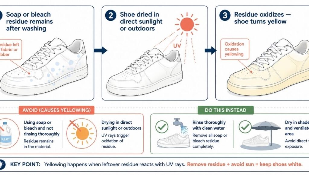 Diagram explaining why white shoes turn yellow after washing, showing the chemical process where soap or bleach residue left in the shoe oxidizes under UV light during outdoor drying