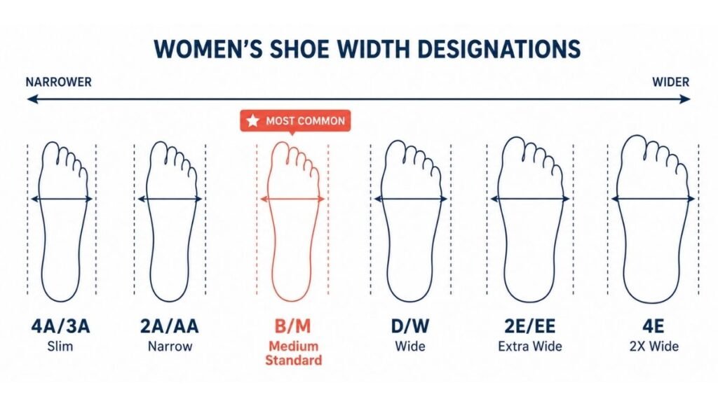 Women's shoe width chart showing the complete letter designation system from narrow AA to extra wide 4E, with visual representation of foot widths and corresponding letter codes