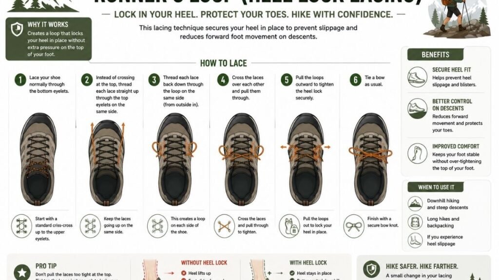 Runner's loop lacing technique to prevent heel slip in hiking shoes