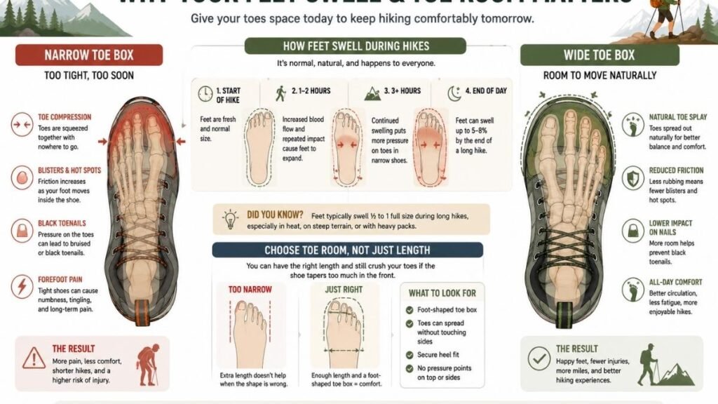 Wide toe box allows natural toe splay and reduces pressure during hiking