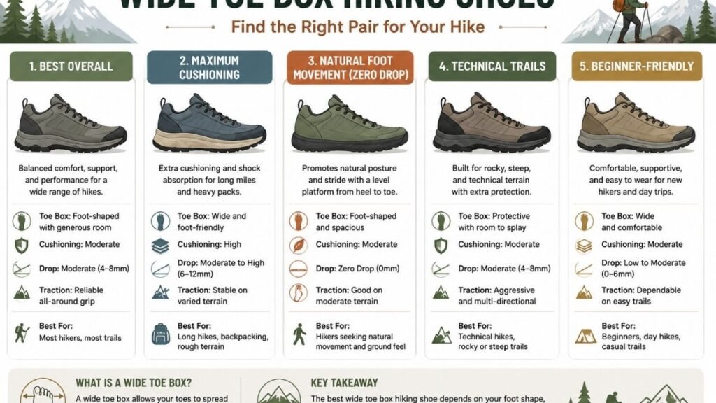 Wide toe box hiking shoe categories for different hiking needs