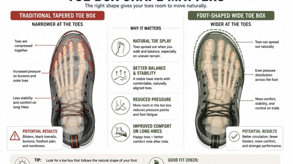 Comparison of a traditional hiking shoe toe box and a wide toe box design