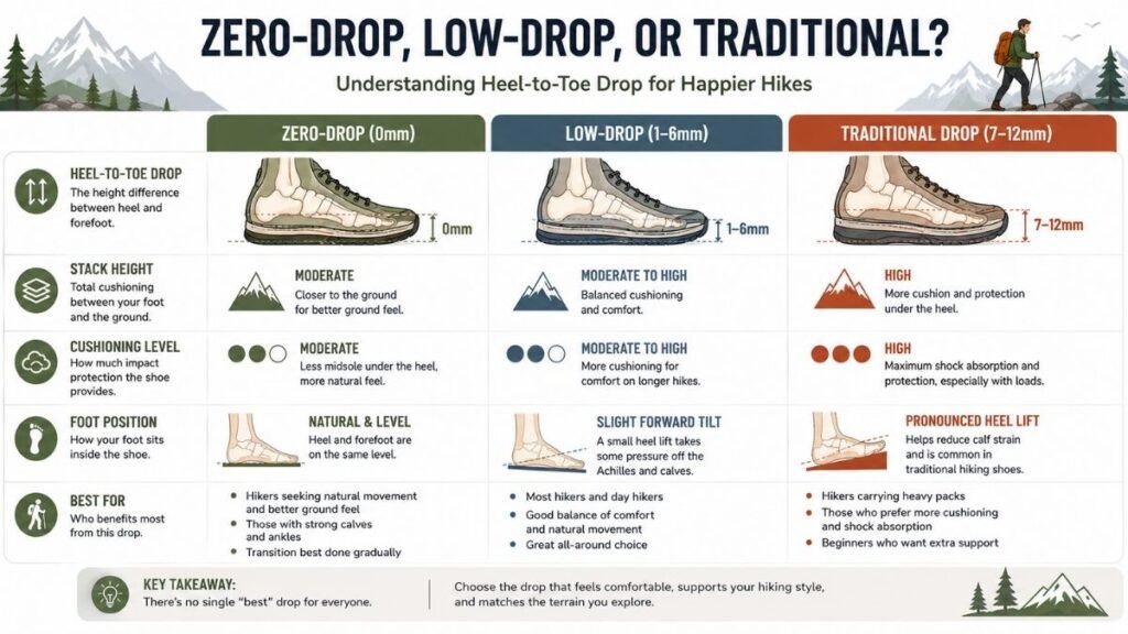 Comparison of zero-drop, low-drop, and traditional hiking shoes